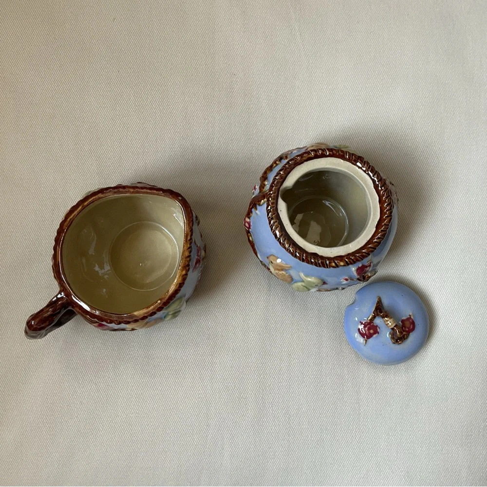 Whimsical Vintage Seymour Mann Majolica Lidded Sugar Jar and Creamer Set